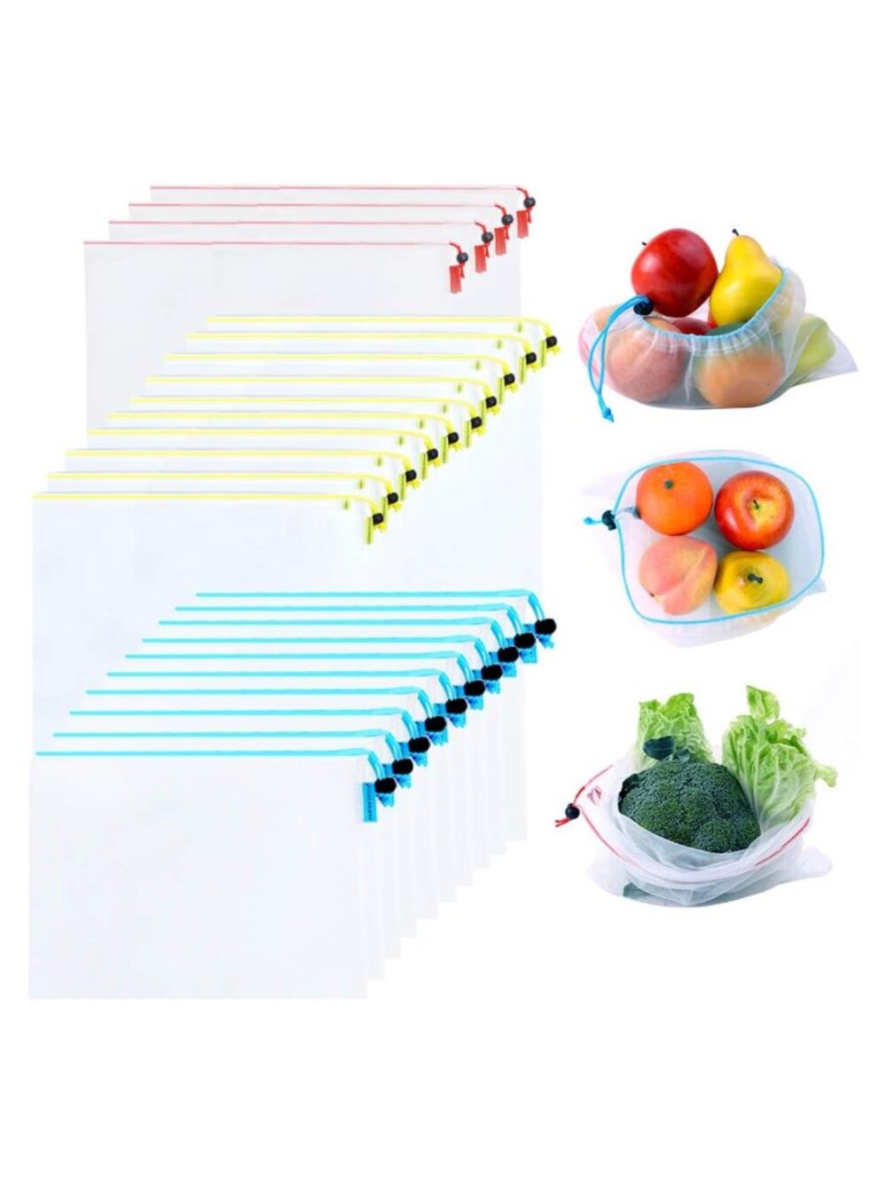 24 Pack Reusable Mesh Produce Bags Grocery Storage Drawstring Eco-Friendly